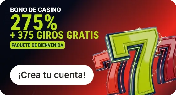 Banner rojo de jugabet.cl: «Bono de casino 275% + 375 giros gratis, paquete de bienvenida», con sietes de neón y botón «Crea tu cuenta».