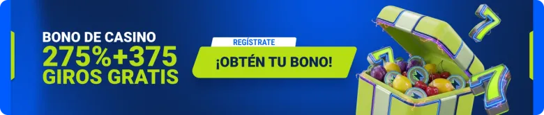 Banner ancho azul de jugabet.cl: «Bono de casino 275% + 375 giros gratis» con un cofre verde lleno de frutas y sietes de neón.