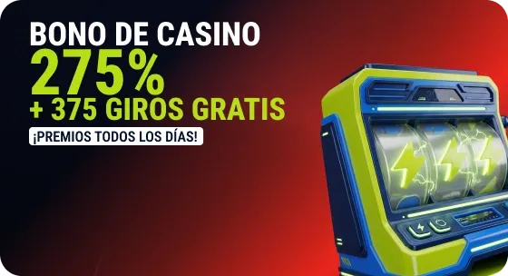 Banner rojo oscuro con una máquina tragamonedas verde: «Bono de casino 275% + 375 giros gratis, ¡premios todos los días!».