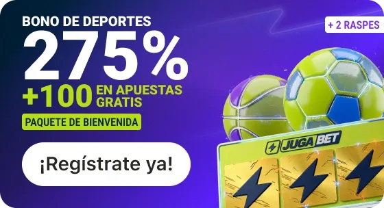 Banner morado con balones de fútbol y básquetbol: «Bono de deportes 275% + 100 en apuestas gratis, paquete de bienvenida, + 2 raspes».