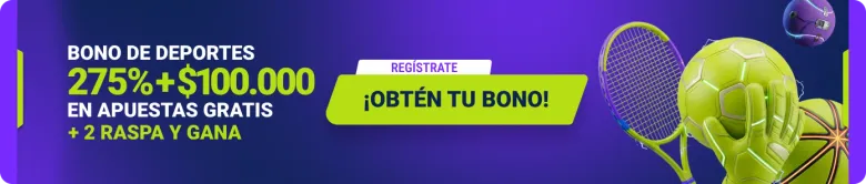 Banner morado ancho de jugabet.cl: «Bono de deportes 275% + $100.000 en apuestas gratis + 2 raspa y gana», con una raqueta y un balón guantelete.