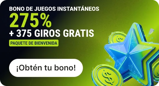 Banner verde de jugabet.cl: «Bono de juegos instantáneos 275% + 375 giros gratis, paquete de bienvenida», con una estrella azul y monedas.