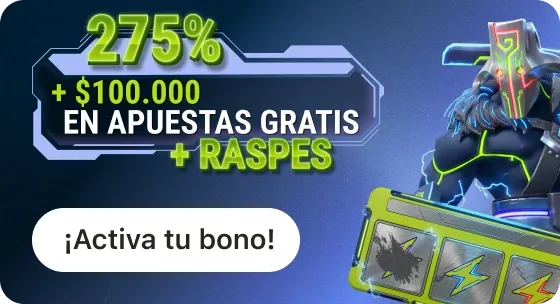 Banner de jugabet.cl con estética gamer: «275% + $100.000 en apuestas gratis + raspes», junto a un personaje futurista y una tarjeta de raspar con rayos.