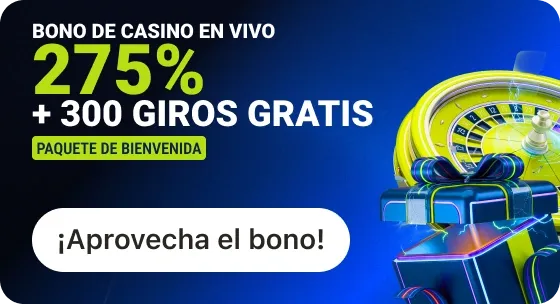 Banner azul de casino en vivo: «275% + 300 giros gratis, paquete de bienvenida», con una ruleta saliendo de una caja de regalo.