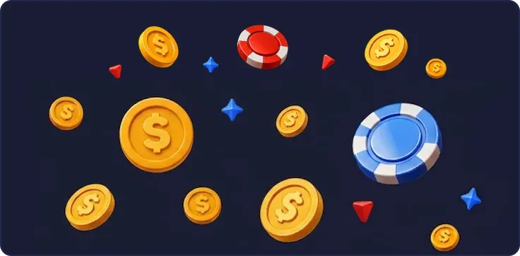 Dibujo plano de monedas y fichas de colores esparcidas sobre un fondo azul oscuro, sin cifras a la vista.