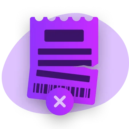 Dibujo de un boleto de apuestas morado marcado con un aspa, sobre fondo lila.
