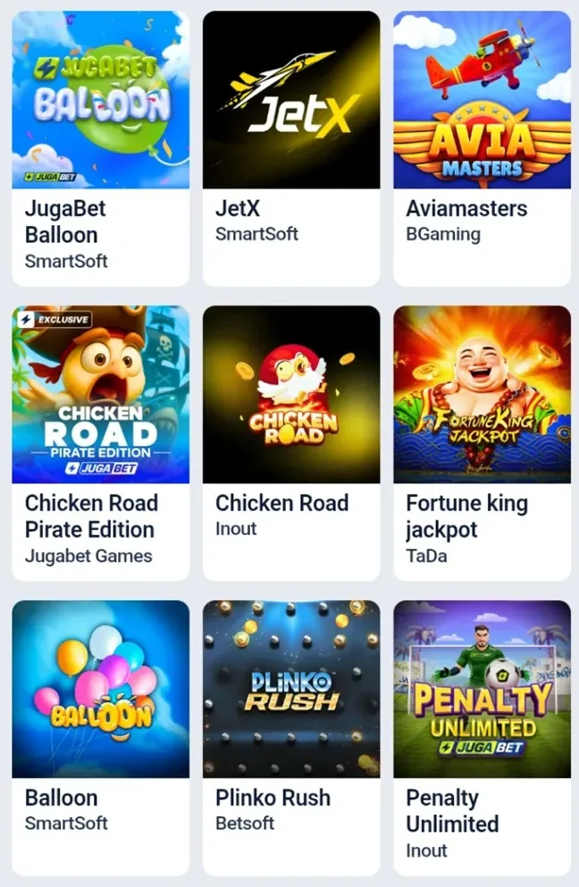 Recorte de una lista de juegos instantáneos: Balloon, JetX, Aviamasters, Chicken Road y Plinko Rush, cada uno con el estudio que lo firma.