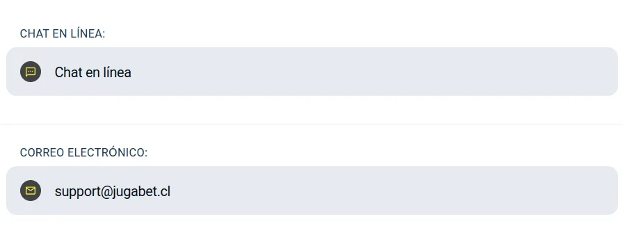 Bloque de contacto con dos filas: «Chat en línea» y, debajo, «Correo electrónico» con la dirección de soporte de la marca.