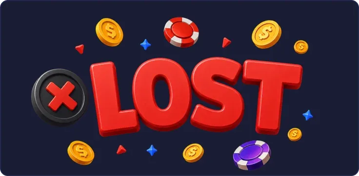 Rótulo ilustrado con la palabra «Lost» en rojo, rodeada de fichas y monedas de dibujo.