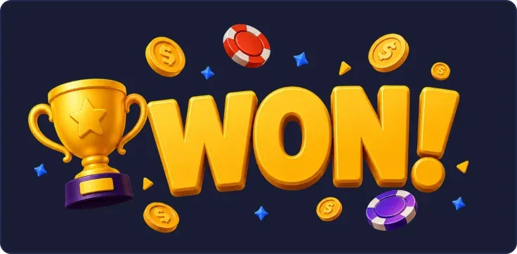 Rótulo ilustrado con la palabra «Won» junto a un trofeo dorado y fichas de colores.